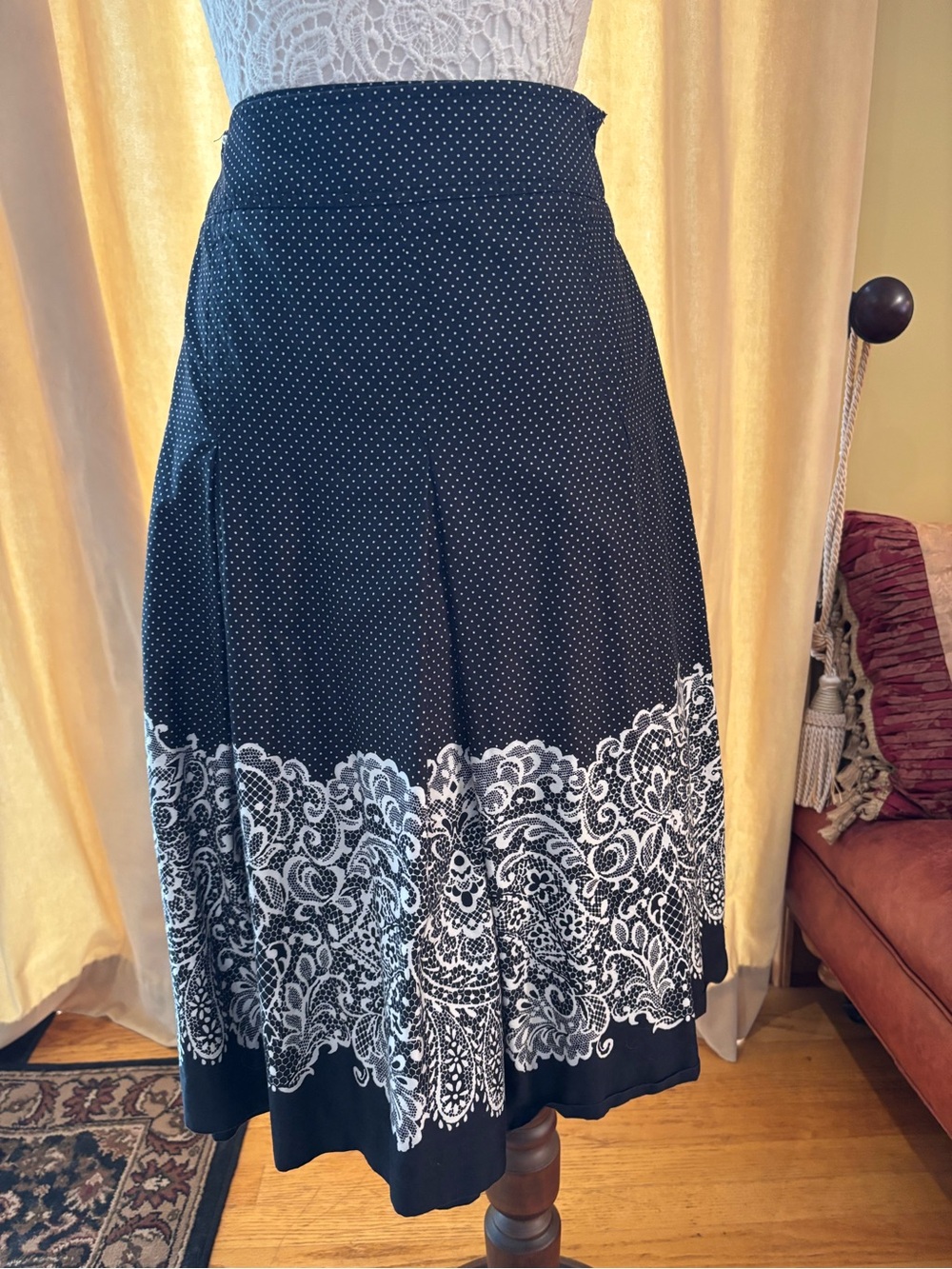 Talbots Black A-Line Skirt with White Lace Border Print